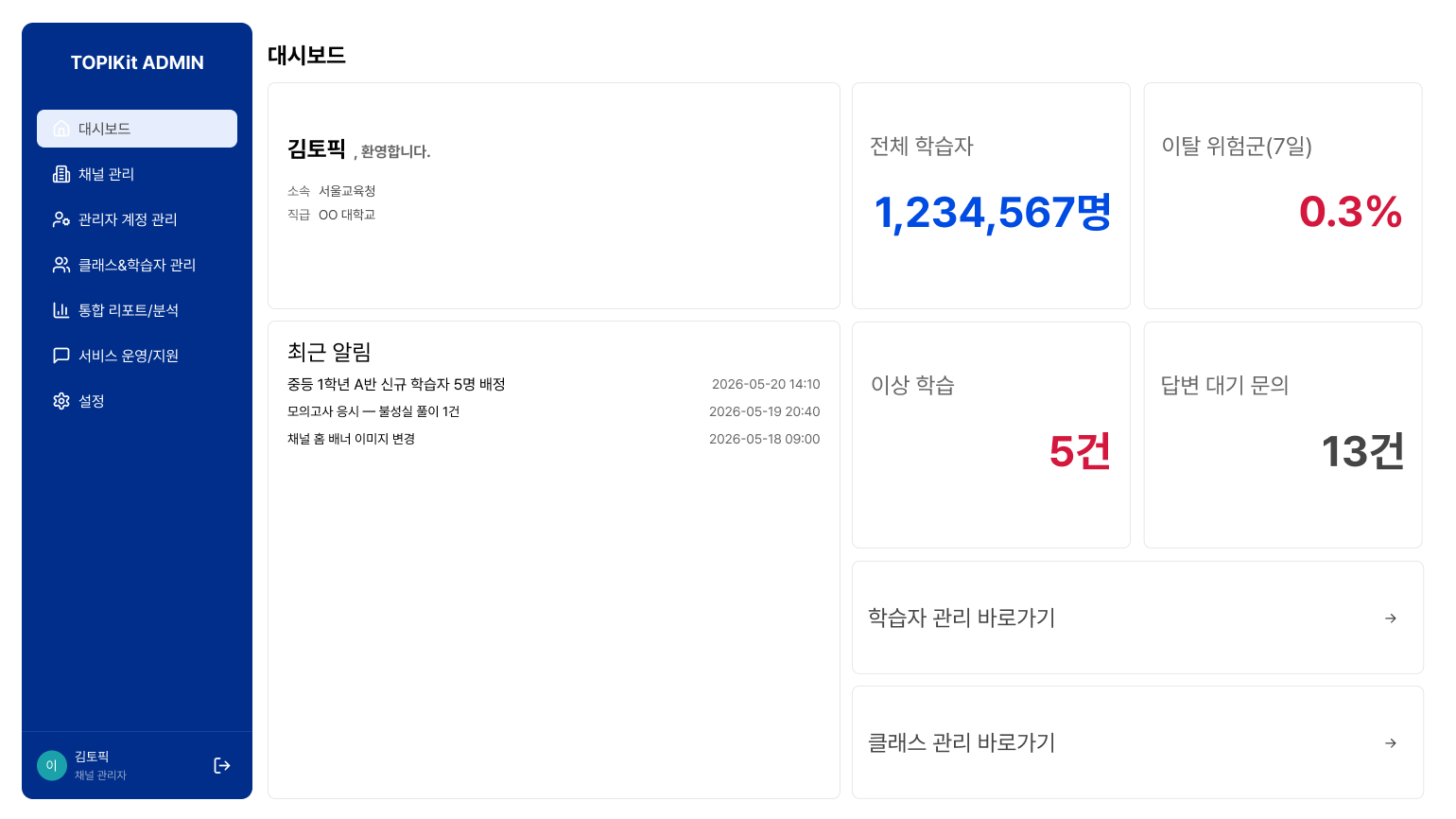 서강TOPIK 대학·기관용 관리자 대시보드